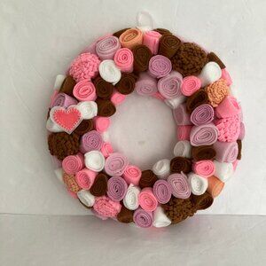 Valentine's Day Wreath Felt & Yarn Pink White Brown 13"